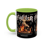 Fighter Accent Coffee Mug 11oz 15oz Black Ceramic Cup with Greek Warrior Statue and Flames Design for Hustlers and Motivated Minds