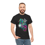Seahorse Knight Neon Warrior Unisex Heavy Cotton Tee Futuristic Cyberpunk Fantasy Streetwear T Shirt Vibrant Medieval Armor Design Perfect For Gamers Dreamers And Art Lovers
