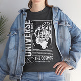 Universe Beyond The Cosmos Unisex Heavy Cotton Tee Graphic Black T Shirt Skeleton Hand Space Infinity Streetwear Futuristic Sci Fi Artistic Fashion Outfit