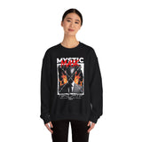 Mystic Mask Flames Graphic Unisex Heavy Blend Crewneck Sweatshirt Hustler Streetwear Motivational Dark Mystery Bold Fire Design