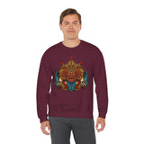 Unisex Mythical Tribal Mask Crewneck Sweatshirt Heavy Blend Pullover Cultural Warrior Spirit Inspired Festival Graphic Art Streetwear Top