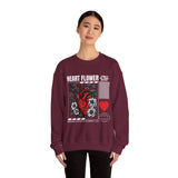 Heart Flower Graphic Unisex Heavy Blend Crewneck Sweatshirt Comfortable Streetwear Pullover Bold Red and Black Floral Heart Design Symbol of Love Strength and Vitality Perfect Gift for Friends Birthdays Cozy Days and Everyday Wear