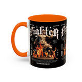 Fighter Accent Coffee Mug 11oz 15oz Black Ceramic Cup with Greek Warrior Statue and Flames Design for Hustlers and Motivated Minds