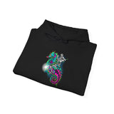 Seahorse Knight Neon Warrior Unisex Heavy Blend Hoodie Vibrant Cyberpunk Fantasy Streetwear Sweatshirt Futuristic Armor Design Perfect For Gamers Creators And Dreamers