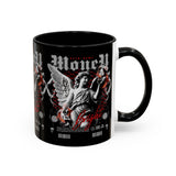 Money Bright Angel Accent Coffee Mug 11oz 15oz Gothic Statue Black Ceramic Cup with Red Flames and Cash Design for Hustlers