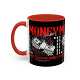 Money Ambition Accent Coffee Mug 11oz 15oz Black Ceramic Cup with Bold Red Typography and Cash Stack Design for Entrepreneurs and Hustlers