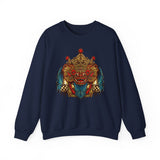 Mythical Tribal Mask Unisex Crewneck Sweatshirt Heavy Blend Pullover Cultural Warrior Spirit Inspired Festival Graphic Art Streetwear Top