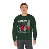Heart Flower Graphic Unisex Heavy Blend Crewneck Sweatshirt Comfortable Streetwear Pullover Bold Red and Black Floral Heart Design Symbol of Love Strength and Vitality Perfect Gift for Friends Birthdays Cozy Days and Everyday Wear