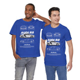 White Mid Engine Sports Coupe Blueprint Artwork Unisex Heavy Cotton Tee High Performance Inspired Streetwear Graphic Shirt For Car Enthusiasts And Automotive Art Fans