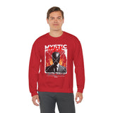 Mystic Mask Flames Graphic Unisex Heavy Blend Crewneck Sweatshirt Hustler Streetwear Motivational Dark Mystery Bold Fire Design