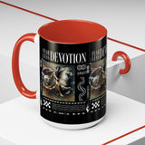 Fearless Devotion Accent Coffee Mug 11oz 15oz Black Ceramic Cup with Warrior on Horse Artwork for Courage Loyalty and Strength Lovers