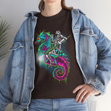 Seahorse Knight Neon Warrior Unisex Heavy Cotton Tee Futuristic Cyberpunk Fantasy Streetwear T Shirt Vibrant Medieval Armor Design Perfect For Gamers Dreamers And Art Lovers