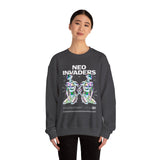 Neo Invaders Futuristic Holographic Graphic Unisex Heavy Blend Crewneck Sweatshirt Sci Fi Cyberpunk Streetwear Bold Statement Pullover