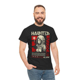 Haunted Warrior Unisex Heavy Cotton Tee Graphic Black T Shirt Bold Red Samurai Ninja Inspired Futuristic Streetwear Artistic Fashion Outfit