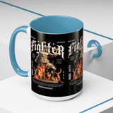 Fighter Accent Coffee Mug 11oz 15oz Black Ceramic Cup with Greek Warrior Statue and Flames Design for Hustlers and Motivated Minds
