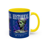 Historical Accent Coffee Mug 11oz 15oz Black Ceramic Cup with Greek Goddess Statue and Purple Floral Design for Art and History Lovers