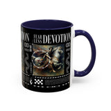 Fearless Devotion Accent Coffee Mug 11oz 15oz Black Ceramic Cup with Warrior on Horse Artwork for Courage Loyalty and Strength Lovers