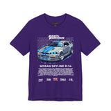 Nissan Skyline GT R R34 Inspired Illustrated JDM Racing Car Graphic T Shirt Iconic Japanese Performance Street Racing Culture Automotive Streetwear Gift For Car Enthusiasts