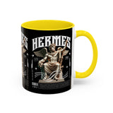 Hermes Accent Coffee Mug 11oz 15oz Black Ceramic Mythology Cup with Greek God Winged Statue Design for History Lovers and Art Enthusiasts