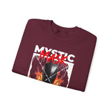 Mystic Mask Flames Graphic Unisex Heavy Blend Crewneck Sweatshirt Hustler Streetwear Motivational Dark Mystery Bold Fire Design
