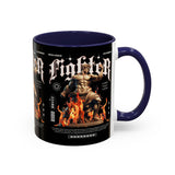 Fighter Accent Coffee Mug 11oz 15oz Black Ceramic Cup with Greek Warrior Statue and Flames Design for Hustlers and Motivated Minds