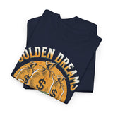 Golden Dreams Silver Reality Money Graphic Unisex Heavy Cotton Tee Bold Hustler Cash Bag Dollar Streetwear Motivational T Shirt