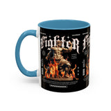 Fighter Accent Coffee Mug 11oz 15oz Black Ceramic Cup with Greek Warrior Statue and Flames Design for Hustlers and Motivated Minds