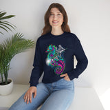 Seahorse Knight Neon Warrior Unisex Heavy Blend Crewneck Sweatshirt Vibrant Cyberpunk Fantasy Streetwear Pullover Futuristic Oceanic Armor Design For Gamers Creators Dreamers And Art Lovers