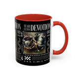 Fearless Devotion Accent Coffee Mug 11oz 15oz Black Ceramic Cup with Warrior on Horse Artwork for Courage Loyalty and Strength Lovers