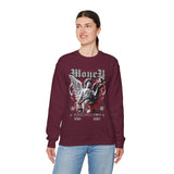 Money Bright Unisex Heavy Blend Crewneck Sweatshirt Angel Statue Graphic Gothic Streetwear Red Neon Artistic Fashion Pullover