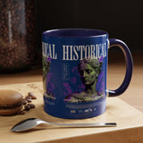 Historical Accent Coffee Mug 11oz 15oz Black Ceramic Cup with Greek Goddess Statue and Purple Floral Design for Art and History Lovers