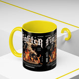 Fighter Accent Coffee Mug 11oz 15oz Black Ceramic Cup with Greek Warrior Statue and Flames Design for Hustlers and Motivated Minds