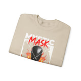 Mystic Mask Flames Graphic Unisex Heavy Blend Crewneck Sweatshirt Hustler Streetwear Motivational Dark Mystery Bold Fire Design