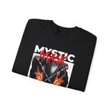 Mystic Mask Flames Graphic Unisex Heavy Blend Crewneck Sweatshirt Hustler Streetwear Motivational Dark Mystery Bold Fire Design