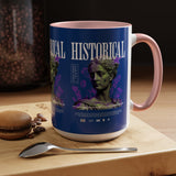 Historical Accent Coffee Mug 11oz 15oz Black Ceramic Cup with Greek Goddess Statue and Purple Floral Design for Art and History Lovers