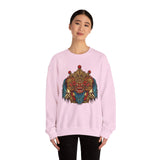 Mythical Tribal Mask Unisex Crewneck Sweatshirt Heavy Blend Pullover Cultural Warrior Spirit Inspired Festival Graphic Art Streetwear Top
