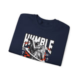Humble Angel Statue Unisex Heavy Blend Crewneck Sweatshirt Graphic Pullover Streetwear Fire Print Bold Motivational Urban Fashion Outfit