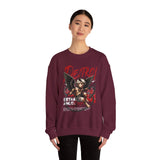 Unisex Heavy Blend Crewneck Sweatshirt Betrayed Angel Destroy Graphic Pullover Black Gothic Streetwear Fire Print Bold Motivational Urban Fashion Outfit