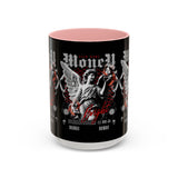 Money Bright Accent Coffee Mug 11oz 15oz Black Ceramic Gothic Angel Statue Design with Red Neon Artwork for Hustlers and Bold Thinkers
