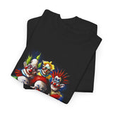 Chaos Clown Crew Unisex Heavy Cotton Tee Vibrant Horror Art Streetwear Design For Bold Confidence, Fearless Energy, And Dark Humor Lovers