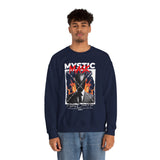 Mystic Mask Flames Graphic Unisex Heavy Blend Crewneck Sweatshirt Hustler Streetwear Motivational Dark Mystery Bold Fire Design