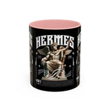 Hermes Accent Coffee Mug 11oz 15oz Black Ceramic Mythology Cup with Greek God Winged Statue Design for History Lovers and Art Enthusiasts
