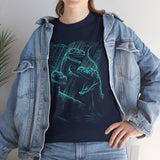 Prehistoric Thunder Unisex Heavy Cotton Tee Neon Raptor Design Electric Blue Lightning Artwork Bold Streetwear Statement For Dinosaur Lovers And Retro Art Fans