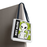 Not Alone Alien Tote Bag Sci Fi Extraterrestrial UFO Design Canvas Bag Space Lover Reusable Eco Friendly Durable Shopping Travel Lifestyle Tote