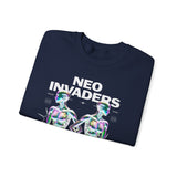 Neo Invaders Futuristic Holographic Graphic Unisex Heavy Blend Crewneck Sweatshirt Sci Fi Cyberpunk Streetwear Bold Statement Pullover
