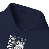 Universe Beyond The Cosmos Unisex Heavy Blend Hooded Sweatshirt Graphic Hoodie Black Skeleton Hand Space Infinity Streetwear Futuristic Sci Fi Artistic Fashion Outfit