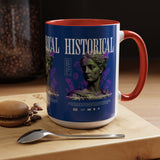 Historical Accent Coffee Mug 11oz 15oz Black Ceramic Cup with Greek Goddess Statue and Purple Floral Design for Art and History Lovers