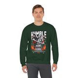 Humble Angel Statue Unisex Heavy Blend Crewneck Sweatshirt Graphic Pullover Streetwear Fire Print Bold Motivational Urban Fashion Outfit