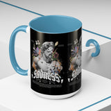 Sadness Statue Accent Coffee Mug 11oz 15oz Two Tone Ceramic Gothic Art Cup with Butterfly and Flame Design