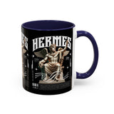 Hermes Accent Coffee Mug 11oz 15oz Black Ceramic Mythology Cup with Greek God Winged Statue Design for History Lovers and Art Enthusiasts